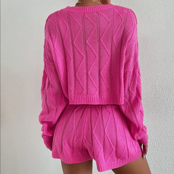 Hot Pink Over Sized Sweater Crop Top & Short Lounge Set - Picture 8 of 10